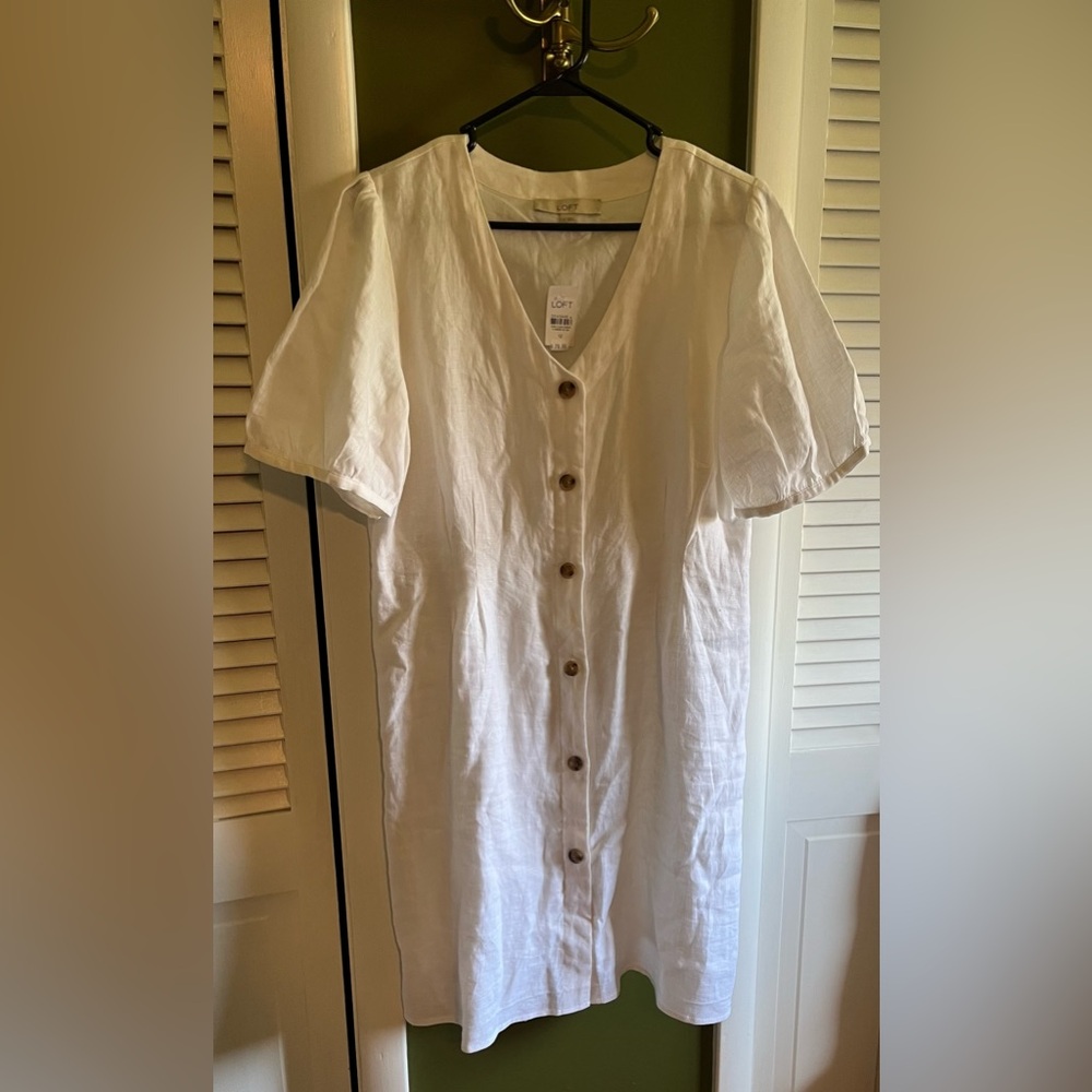 LOFT Ivory linen dress with Brown Buttons